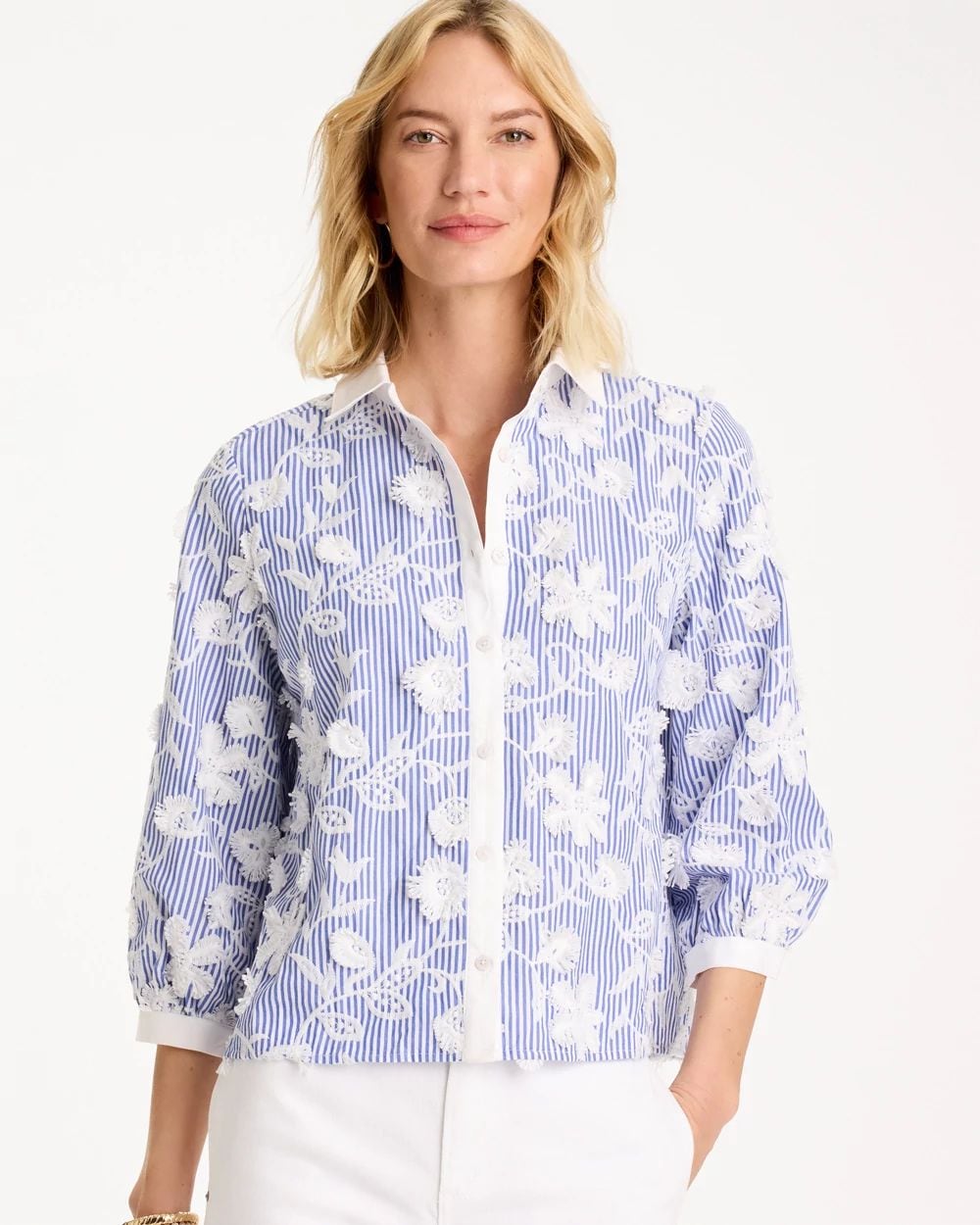 Cotton 3D Embroidered Striped Shirt | Chico's